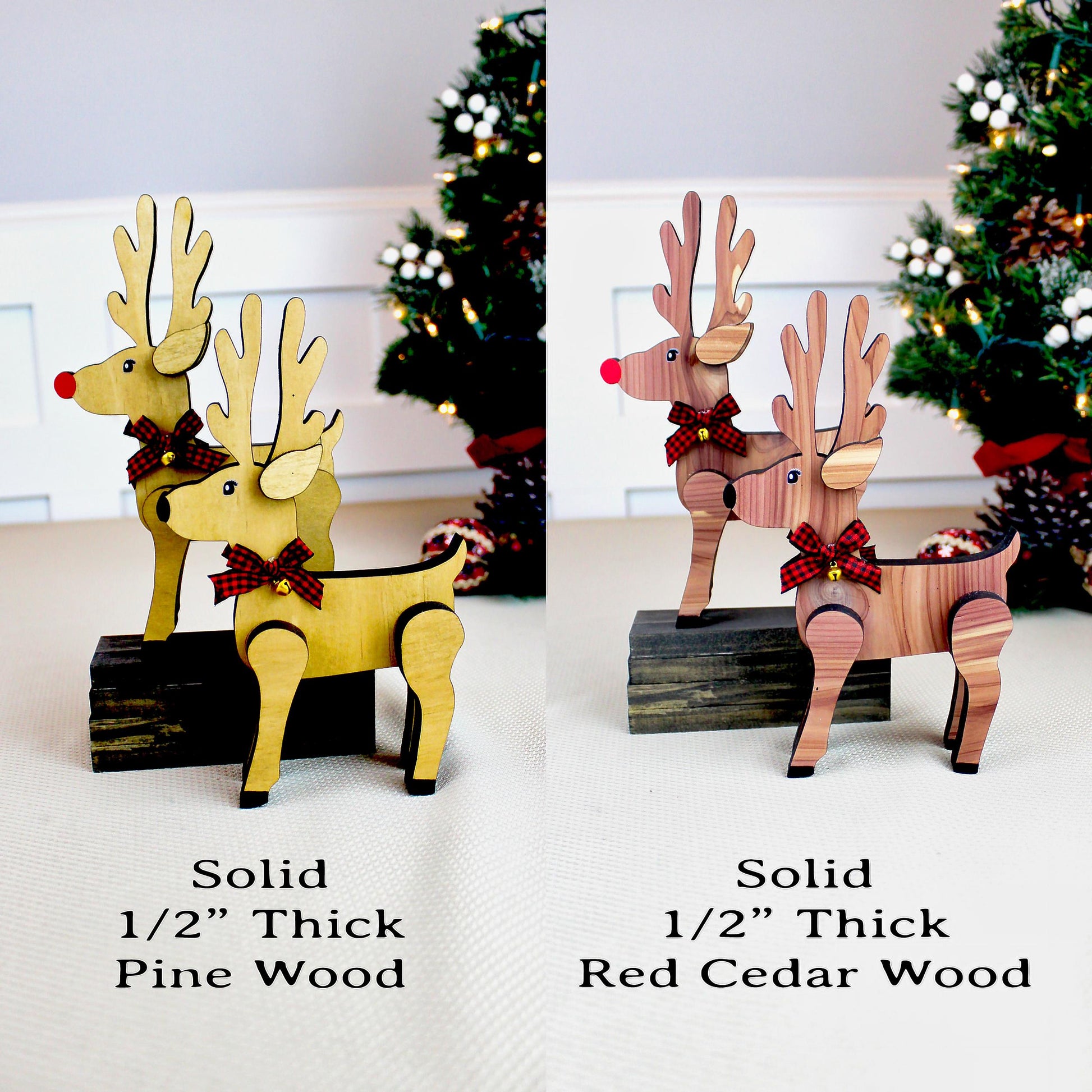 Reindeer Shelf Sitters Set of 2 – Personalized Wooden Pair with Buffalo Plaid Bows, Rustic Christmas Mantel Decor. Charming Christmas Magic