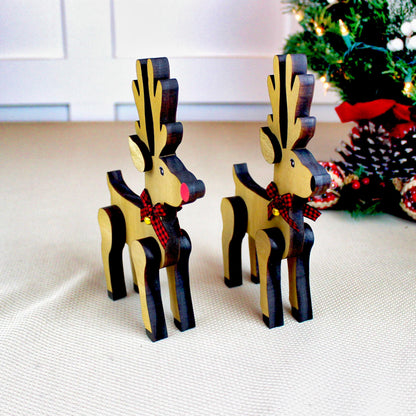 Reindeer Shelf Sitters Set of 2 – Personalized Wooden Pair with Buffalo Plaid Bows, Rustic Christmas Mantel Decor. Charming Christmas Magic