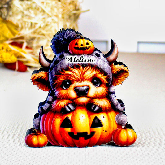 Halloween Highland Cow Shelf Sitter – Baby Cow with Pumpkins, Cute meets spooky, Décor Accent for Tiered Trays, Mantels & Shelves