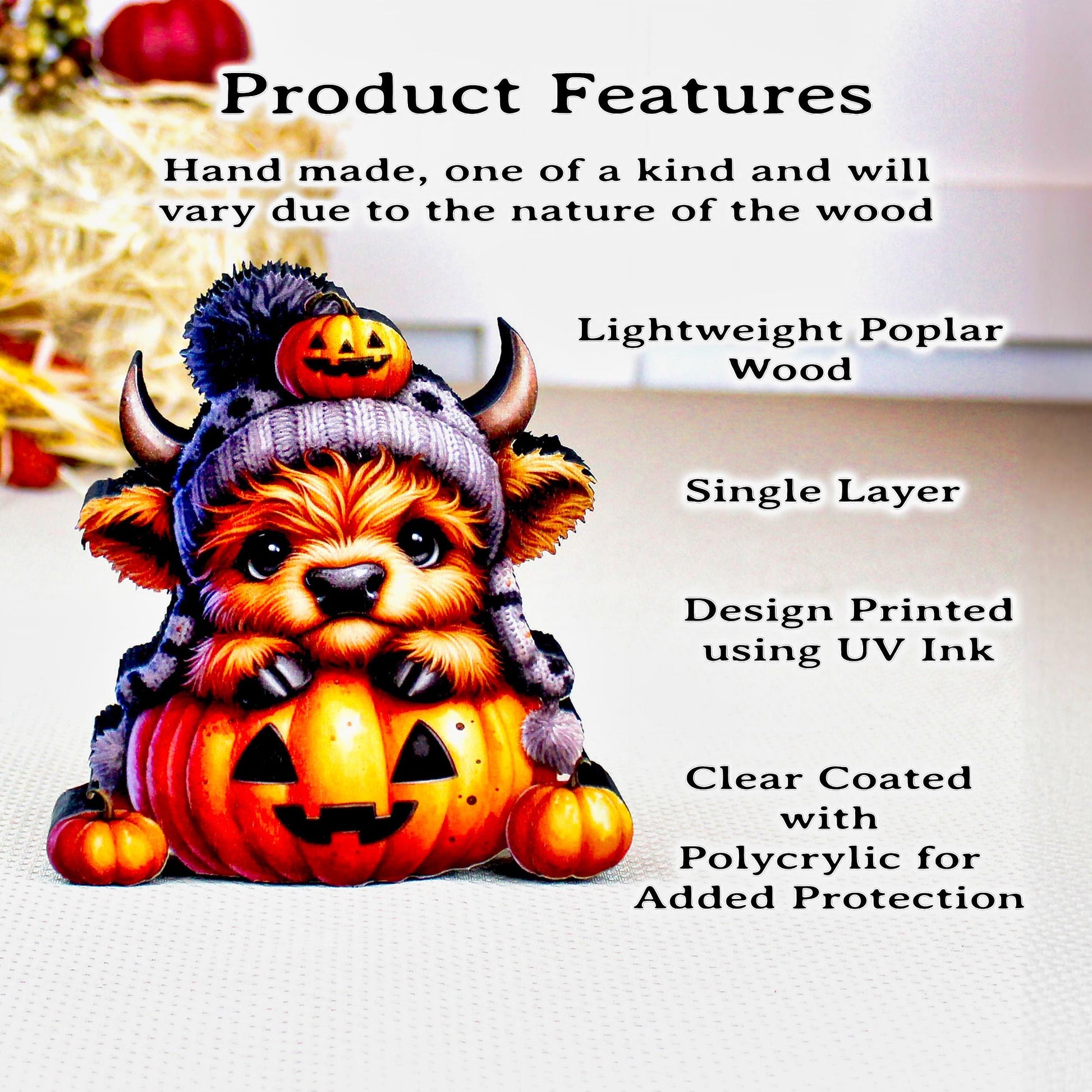 Halloween Highland Cow Shelf Sitter – Baby Cow with Pumpkins, Cute meets spooky, Décor Accent for Tiered Trays, Mantels & Shelves