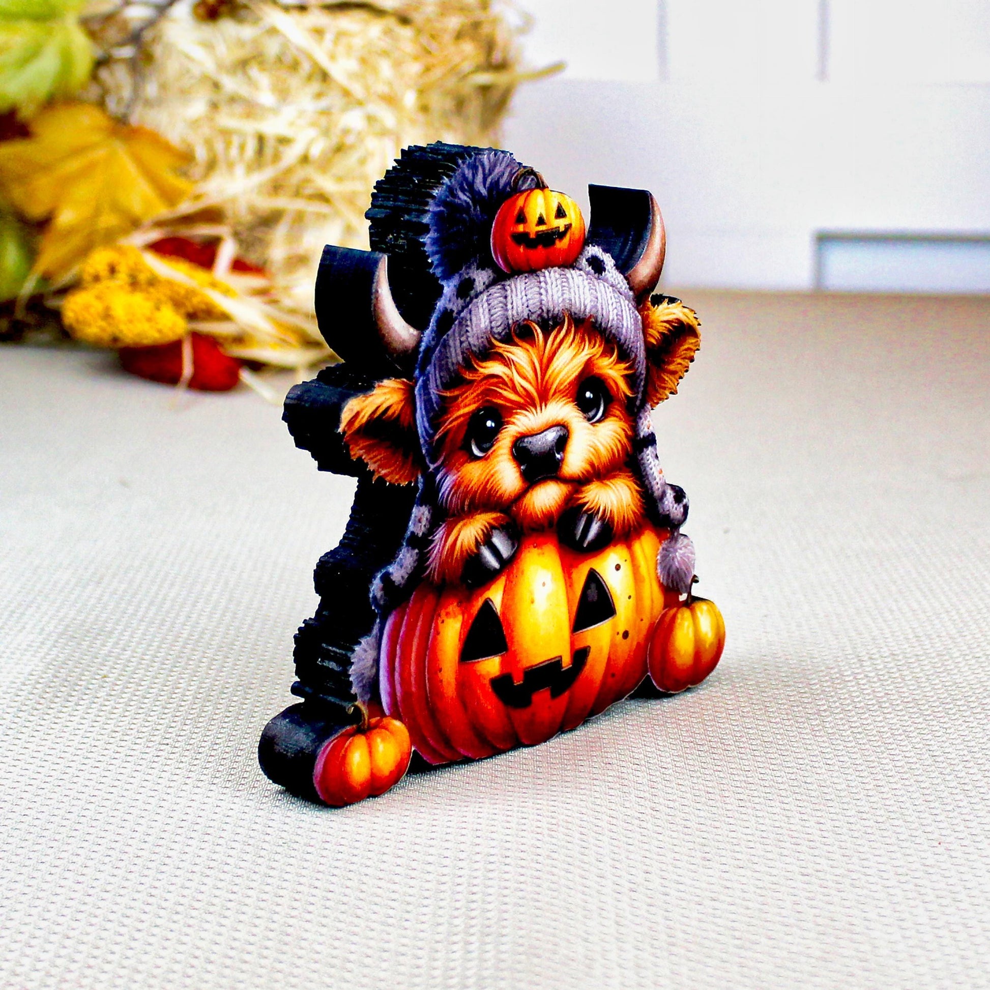 Halloween Highland Cow Shelf Sitter – Baby Cow with Pumpkins, Cute meets spooky, Décor Accent for Tiered Trays, Mantels & Shelves
