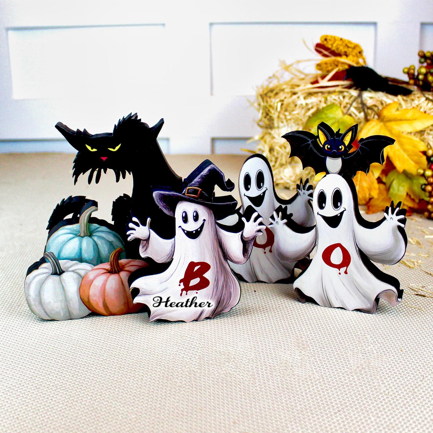 Boo Ghosts Shelf Sitters–Two Styles include 3 Ghosts with Black Cat & Pumpkins, Can Be Personalized, Playfully spooky and perfectly sweet