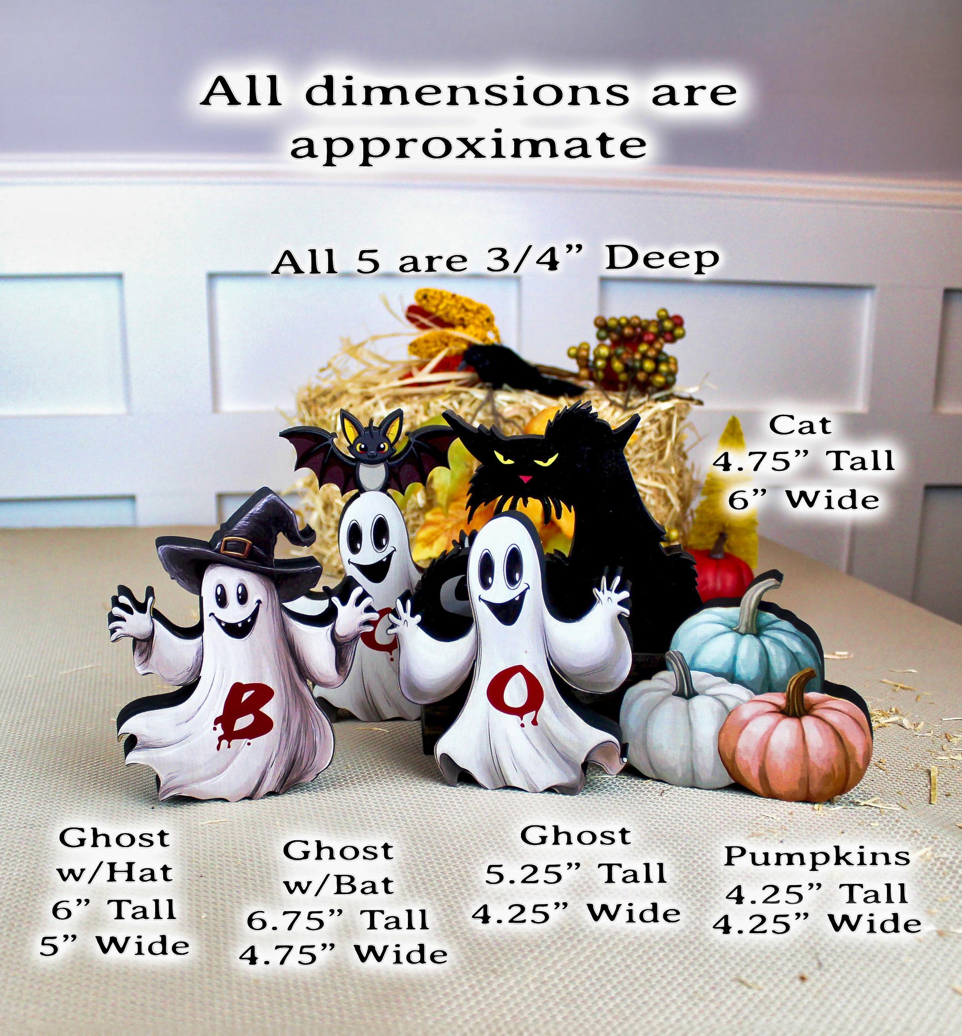 Boo Ghosts Shelf Sitters–Two Styles include 3 Ghosts with Black Cat & Pumpkins, Can Be Personalized, Playfully spooky and perfectly sweet