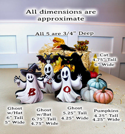 Boo Ghosts Shelf Sitters–Two Styles include 3 Ghosts with Black Cat & Pumpkins, Can Be Personalized, Playfully spooky and perfectly sweet