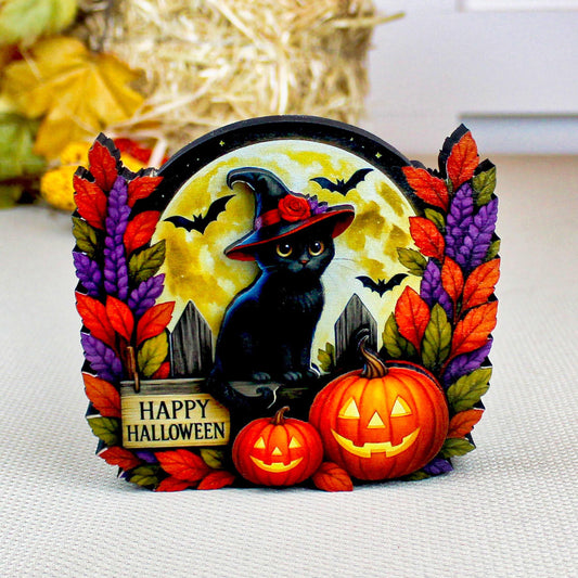 Black Witch Cat Halloween Shelf Sitter – Multi-Layer Wooden Scene with Pumpkins, Moon & Bats. A Little Moonlit Magic With A Spooky Glow