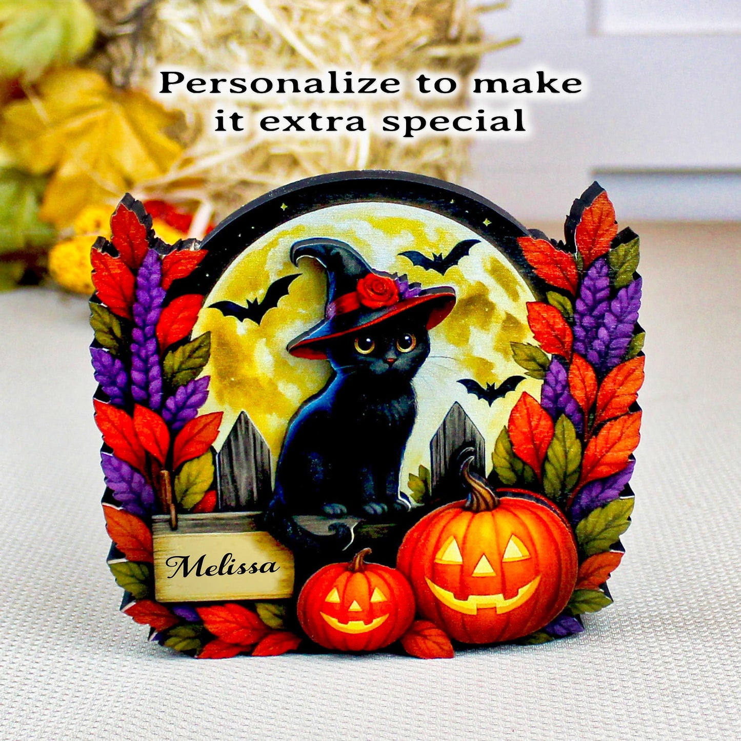 Black Witch Cat Halloween Shelf Sitter – Multi-Layer Wooden Scene with Pumpkins, Moon & Bats. A Little Moonlit Magic With A Spooky Glow