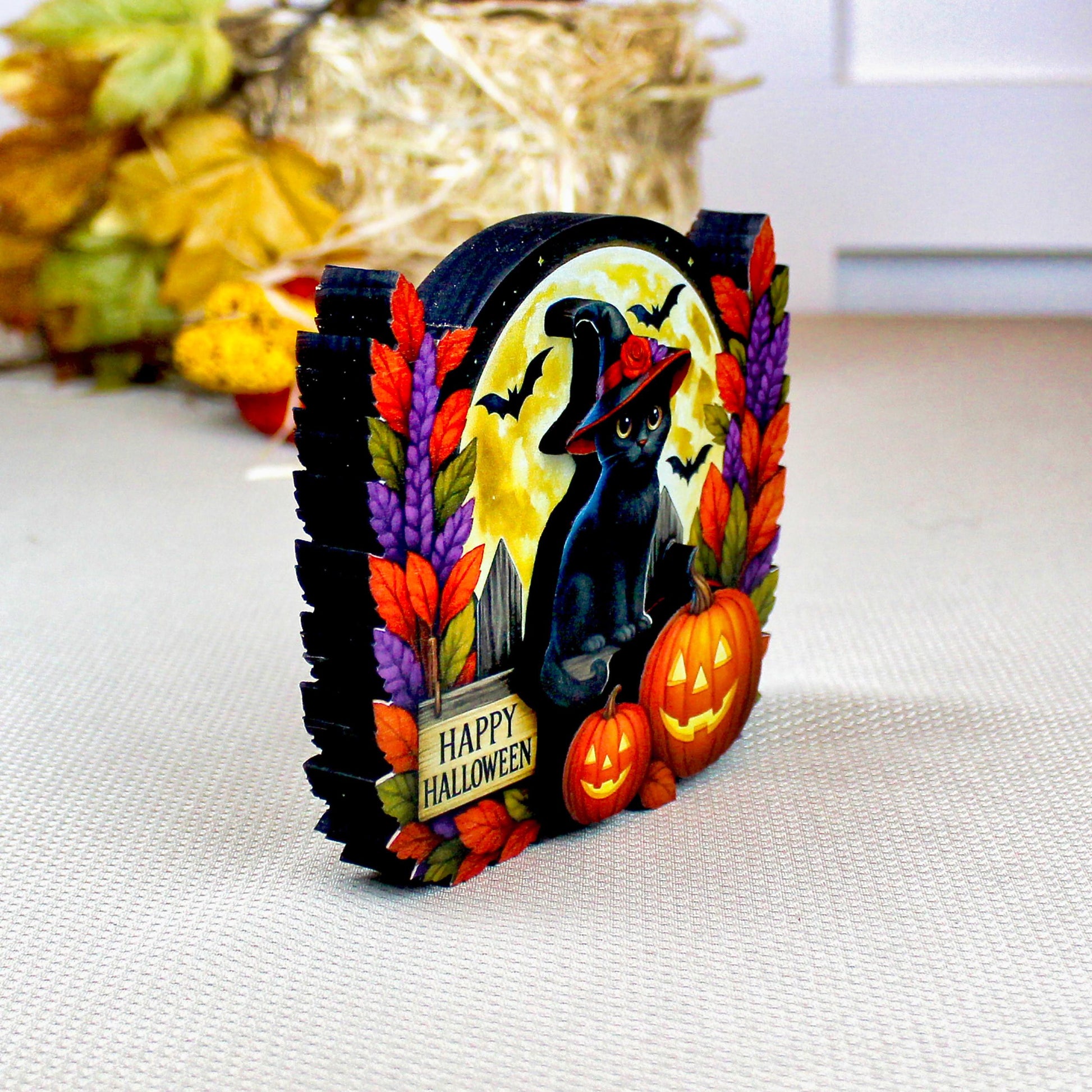 Black Witch Cat Halloween Shelf Sitter – Multi-Layer Wooden Scene with Pumpkins, Moon & Bats. A Little Moonlit Magic With A Spooky Glow