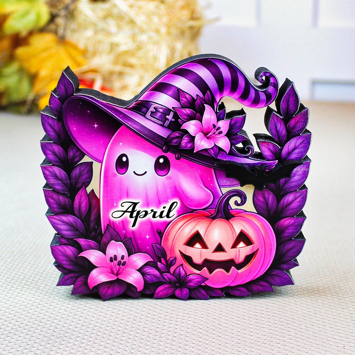 Pink Ghost Halloween Shelf Sitter – Multi-Layer Wooden Scene with Pumpkins and Flowers. Rustic Accent for Tiered Trays, Mantels & Shelves