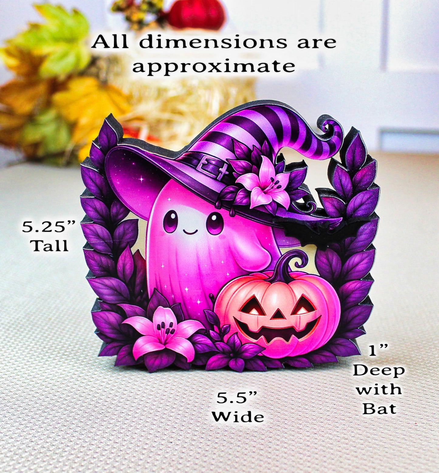 Pink Ghost Halloween Shelf Sitter – Multi-Layer Wooden Scene with Pumpkins and Flowers. Rustic Accent for Tiered Trays, Mantels & Shelves