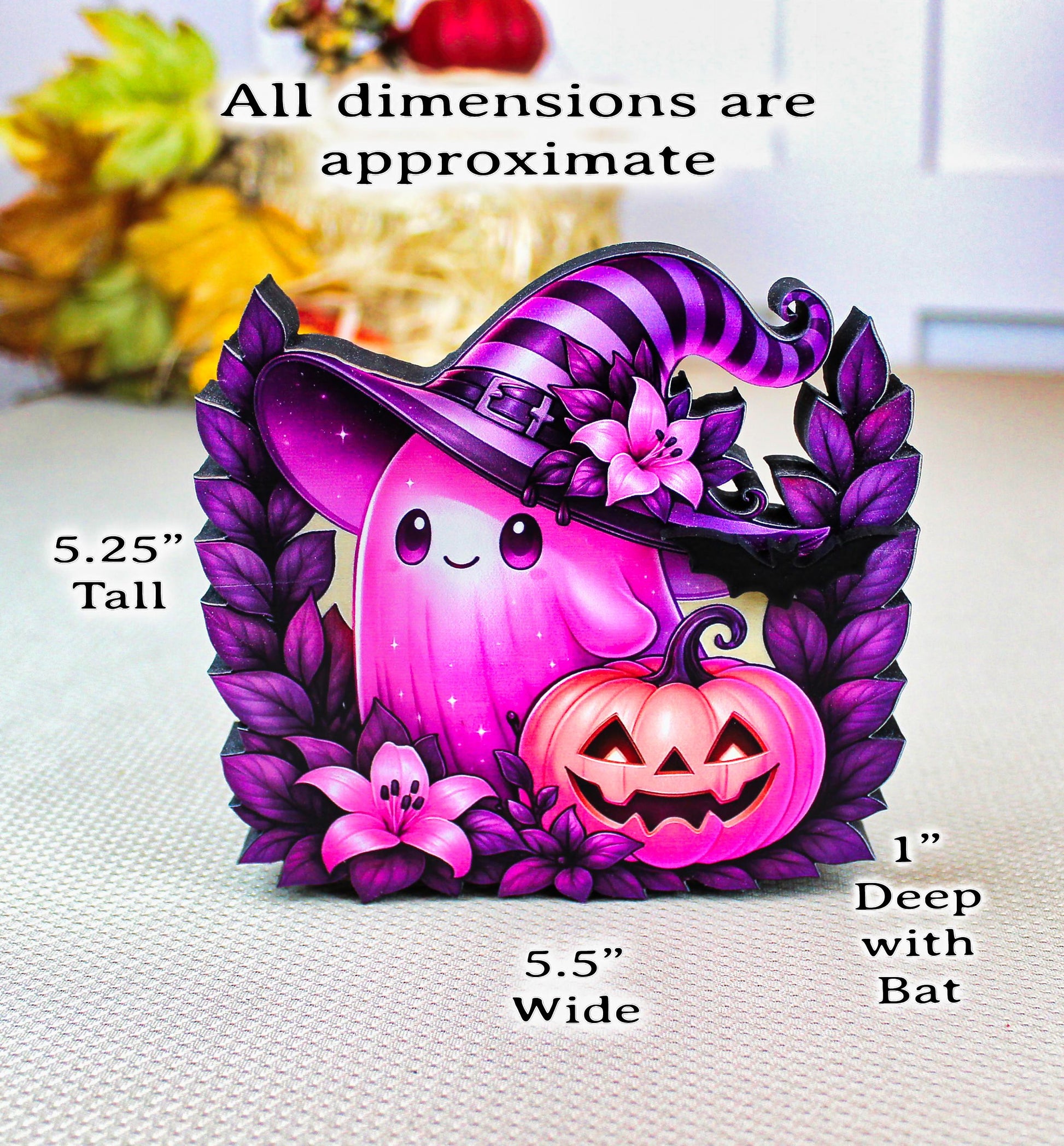 Pink Ghost Halloween Shelf Sitter – Multi-Layer Wooden Scene with Pumpkins and Flowers. Rustic Accent for Tiered Trays, Mantels & Shelves
