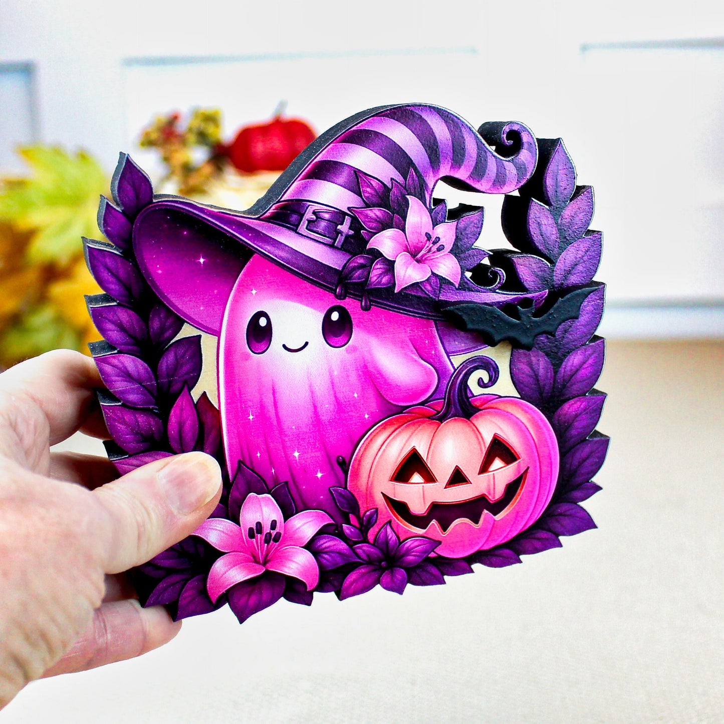 Pink Ghost Halloween Shelf Sitter – Multi-Layer Wooden Scene with Pumpkins and Flowers. Rustic Accent for Tiered Trays, Mantels & Shelves