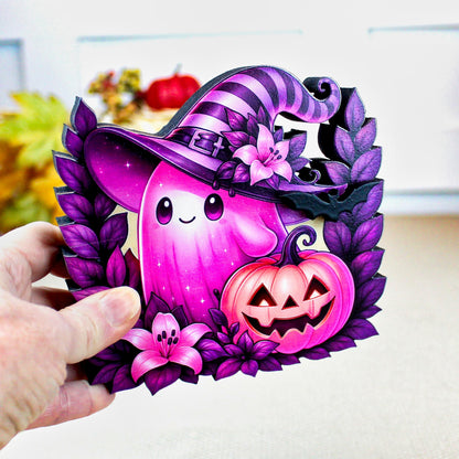 Pink Ghost Halloween Shelf Sitter – Multi-Layer Wooden Scene with Pumpkins and Flowers. Rustic Accent for Tiered Trays, Mantels & Shelves