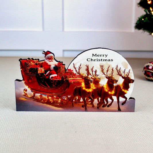 Santa Sleigh Shelf Sitter – Personalized Christmas Mantel Decor, Reindeer & Moonlit Scene. this sleigh scene brings instant Christmas wonder