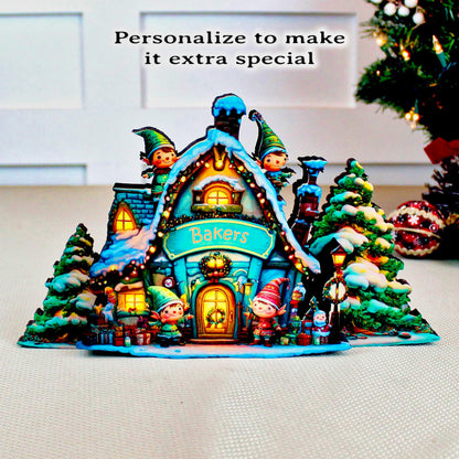 Santa’s North Pole Workshop Shelf Sitter – Personalized Multi-Layer Wooden Christmas Village Decor, Storybook Glow for Your Mantel