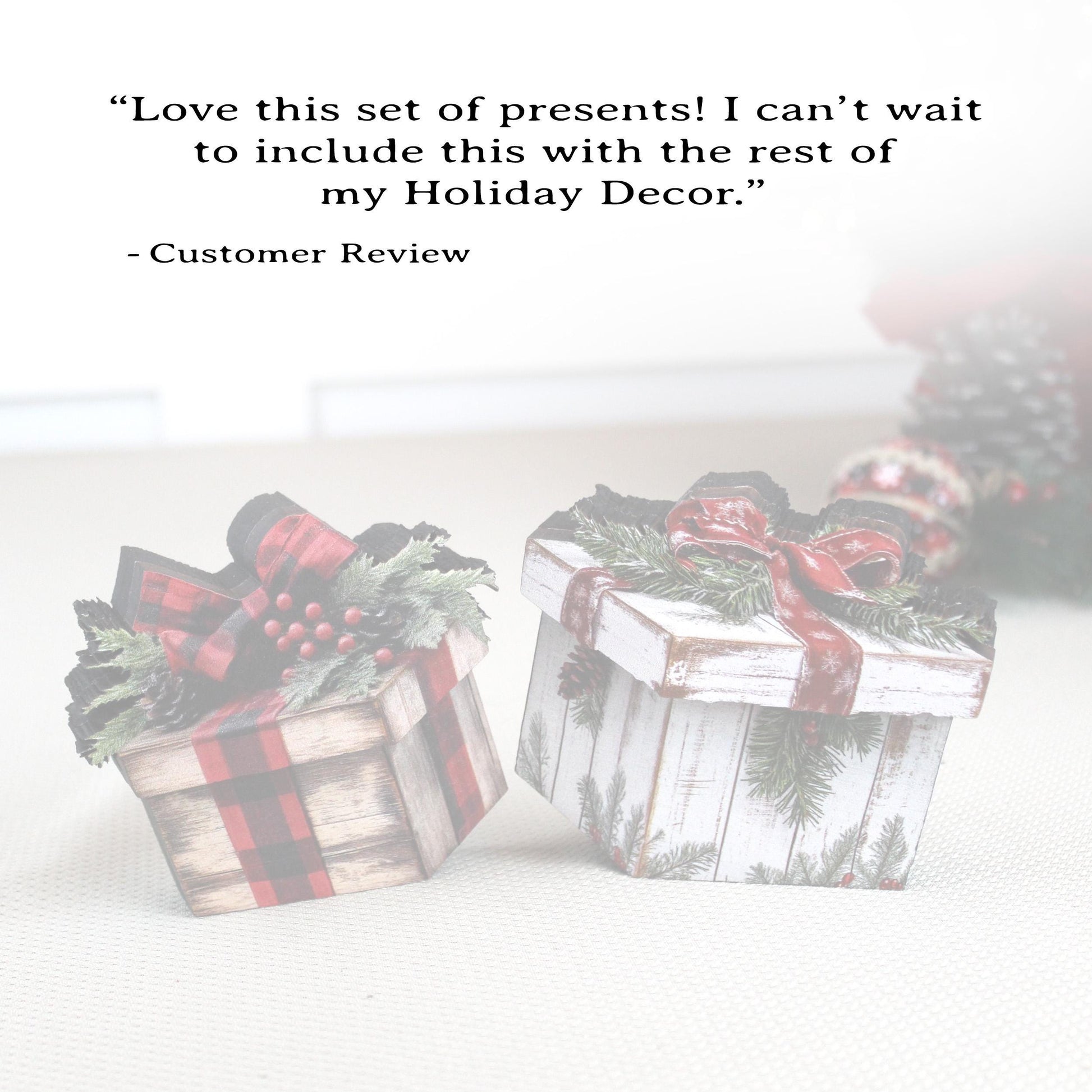 Christmas Gift Box Shelf Sitters – Set of 2, Multi-layered Rustic Buffalo Plaid or Whitewashed Greenery, “Gifts” That Unwrap Big Cozy Vibes