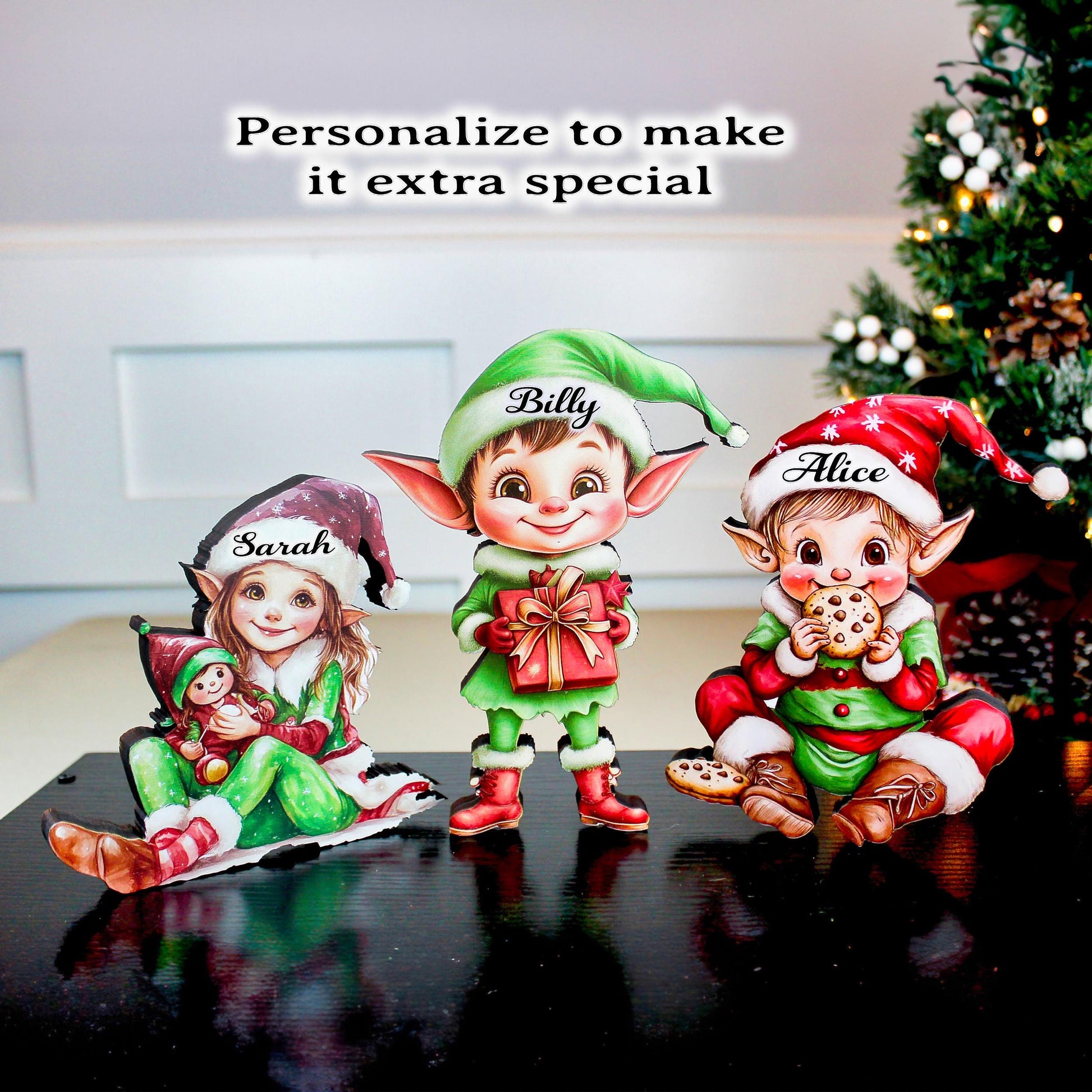 Set of 3 Christmas Elf Shelf Sitters, Wooden Holiday Mantel Decor. Three Merry Helpers, One Cozy Story