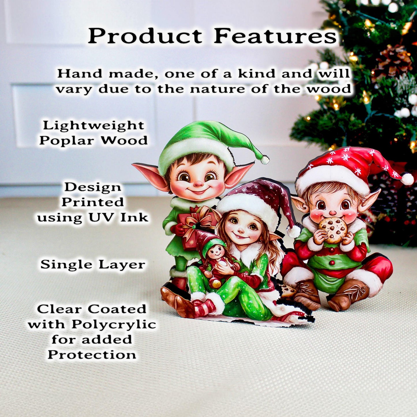 Set of 3 Christmas Elf Shelf Sitters, Wooden Holiday Mantel Decor. Three Merry Helpers, One Cozy Story