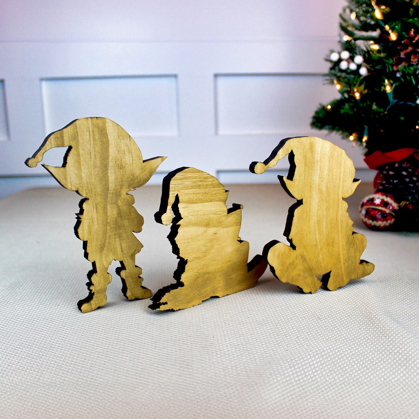 Set of 3 Christmas Elf Shelf Sitters, Wooden Holiday Mantel Decor. Three Merry Helpers, One Cozy Story