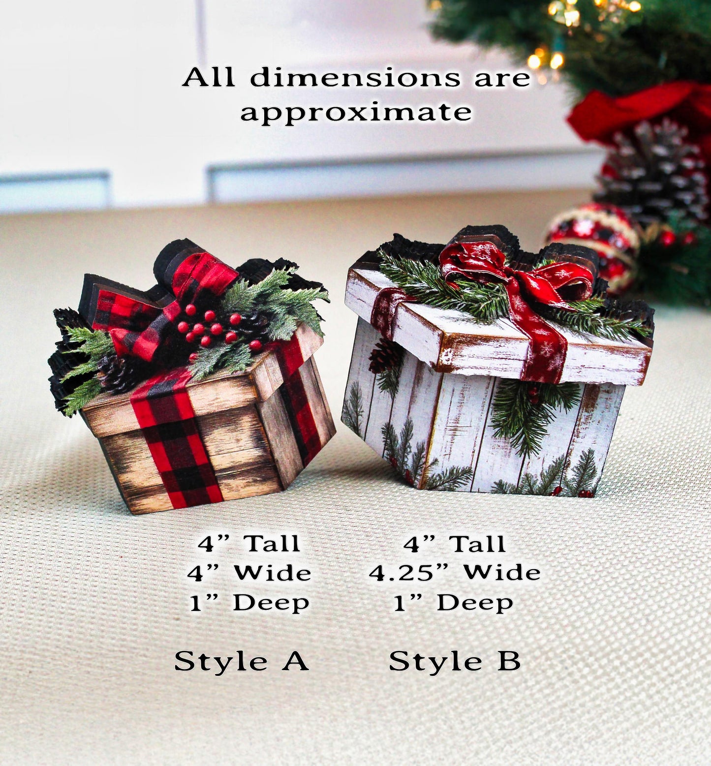 Christmas Gift Box Shelf Sitters – Set of 2, Multi-layered Rustic Buffalo Plaid or Whitewashed Greenery, “Gifts” That Unwrap Big Cozy Vibes