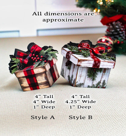 Christmas Gift Box Shelf Sitters – Set of 2, Multi-layered Rustic Buffalo Plaid or Whitewashed Greenery, “Gifts” That Unwrap Big Cozy Vibes