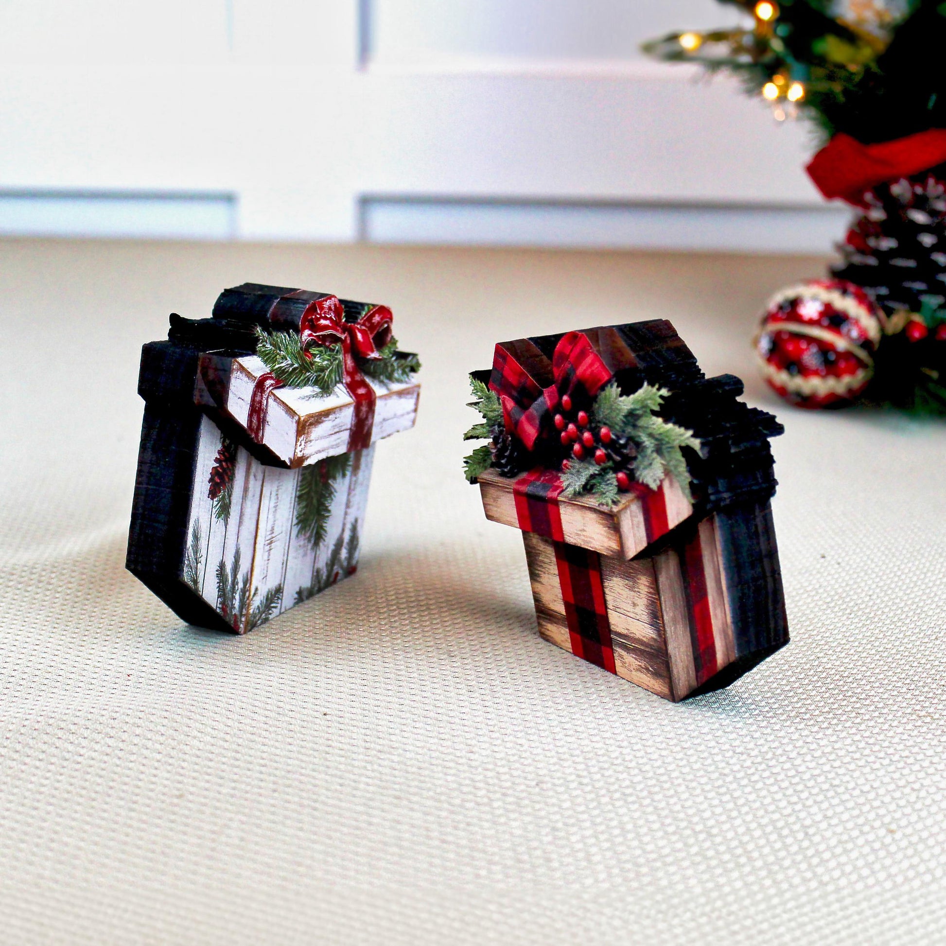 Christmas Gift Box Shelf Sitters – Set of 2, Multi-layered Rustic Buffalo Plaid or Whitewashed Greenery, “Gifts” That Unwrap Big Cozy Vibes