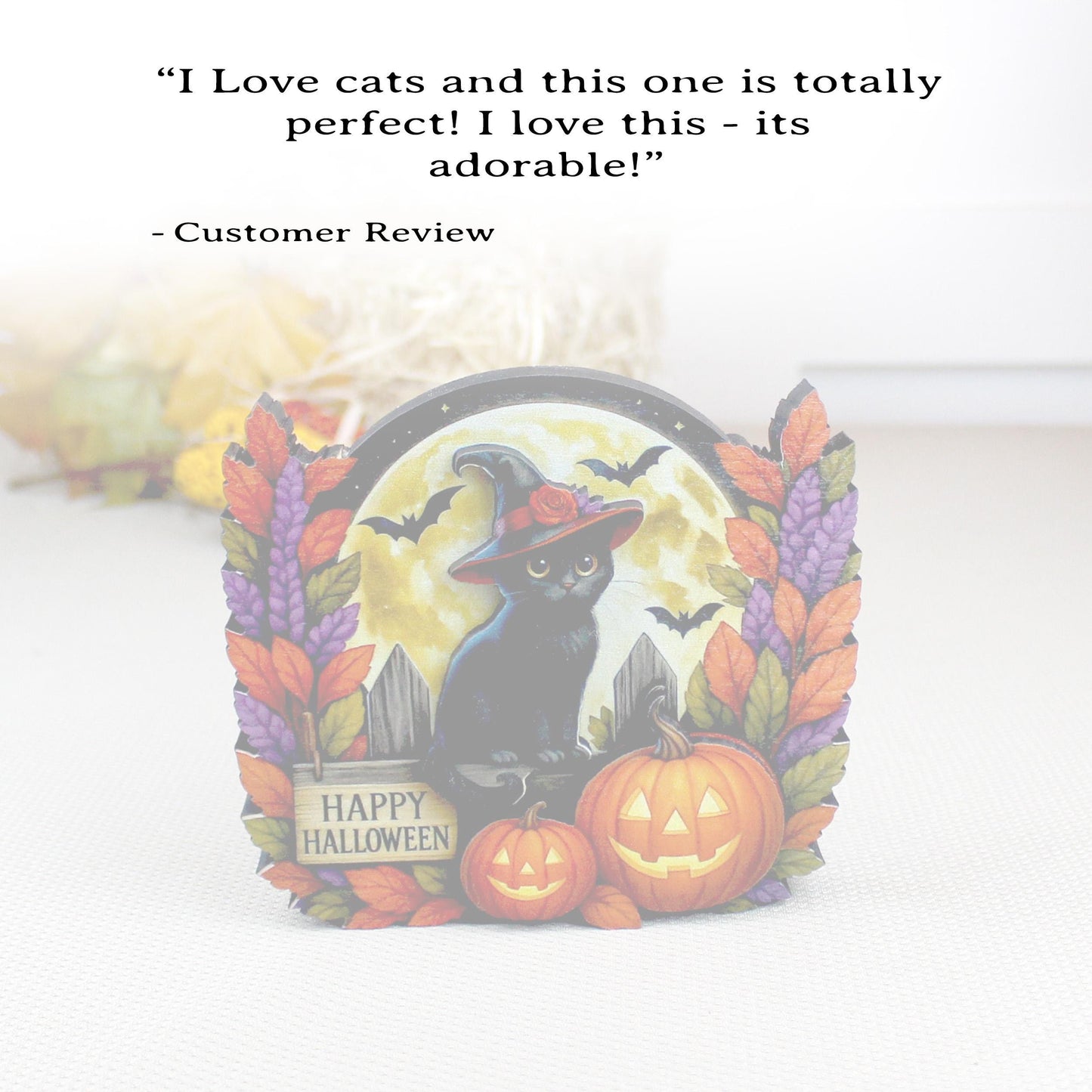 Black Witch Cat Halloween Shelf Sitter – Multi-Layer Wooden Scene with Pumpkins, Moon & Bats. A Little Moonlit Magic With A Spooky Glow