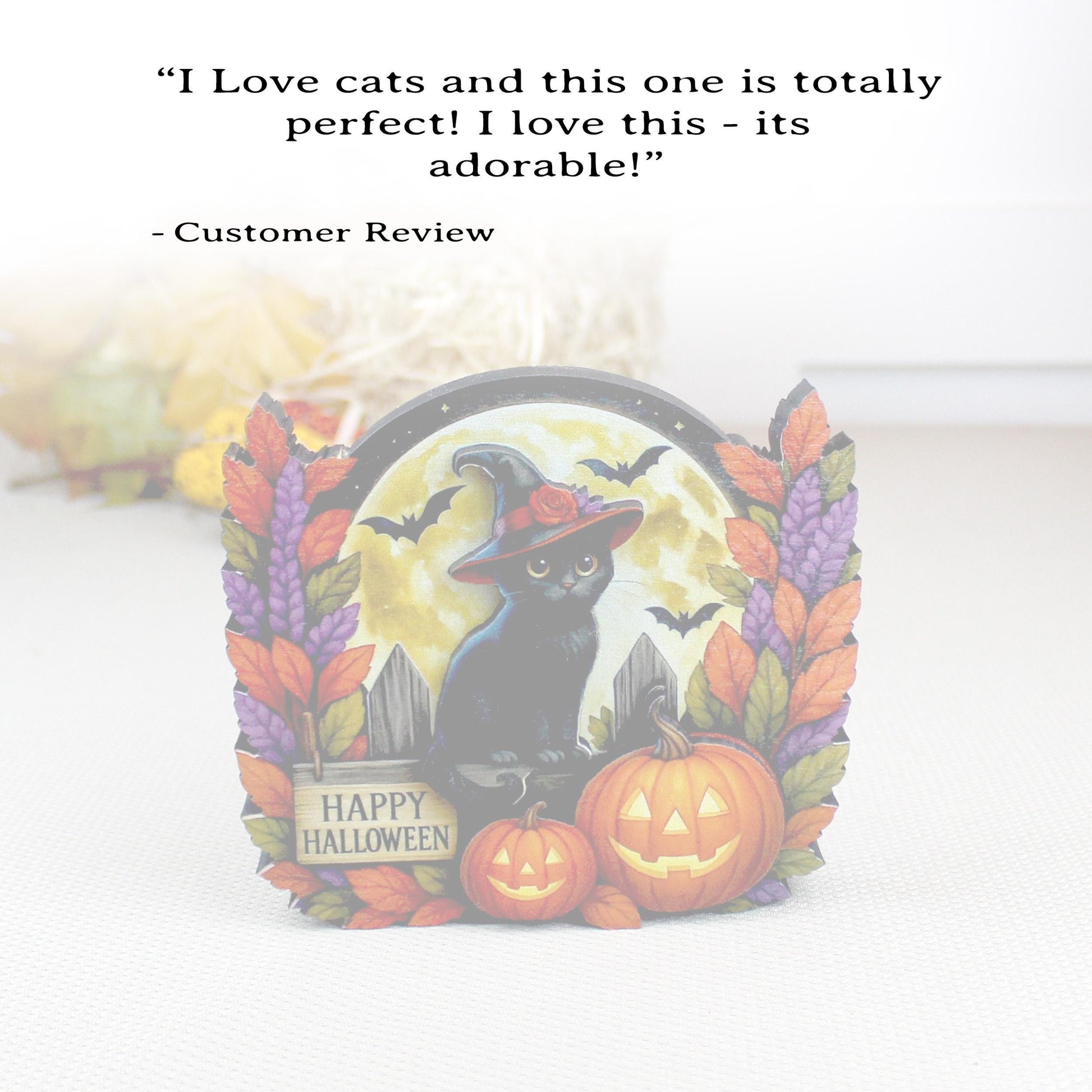 Black Witch Cat Halloween Shelf Sitter – Multi-Layer Wooden Scene with Pumpkins, Moon & Bats. A Little Moonlit Magic With A Spooky Glow