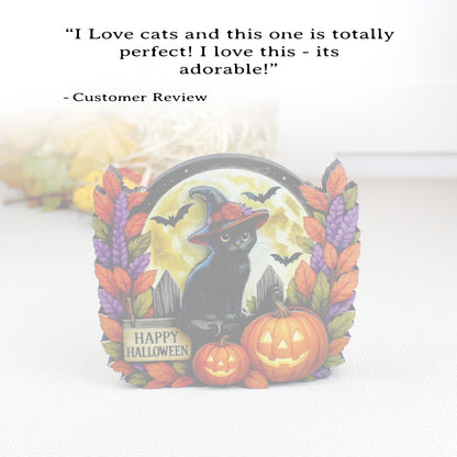 Black Witch Cat Halloween Shelf Sitter – Multi-Layer Wooden Scene with Pumpkins, Moon & Bats. A Little Moonlit Magic With A Spooky Glow