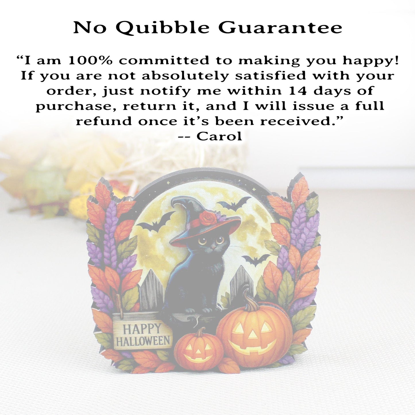 Black Witch Cat Halloween Shelf Sitter – Multi-Layer Wooden Scene with Pumpkins, Moon & Bats. A Little Moonlit Magic With A Spooky Glow