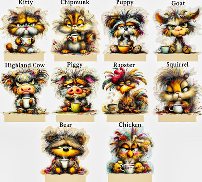 Coffee Lover Shelf Sitter – Frazzled Critter Collection (10 Styles), Personalized Funny Desk & Kitchen Decor