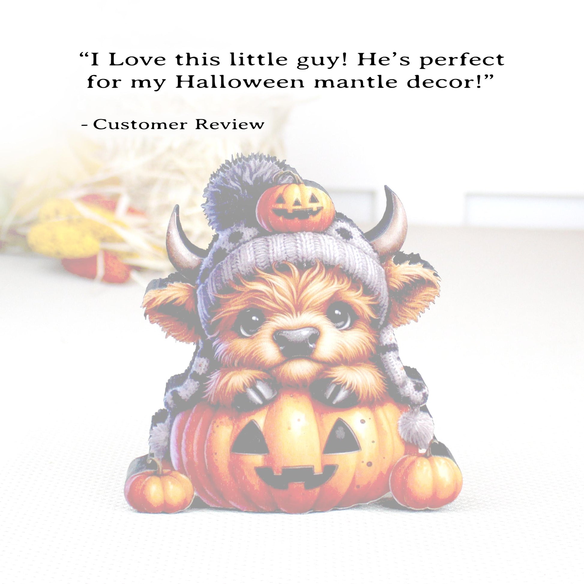 Halloween Highland Cow Shelf Sitter – Baby Cow with Pumpkins, Cute meets spooky, Décor Accent for Tiered Trays, Mantels & Shelves