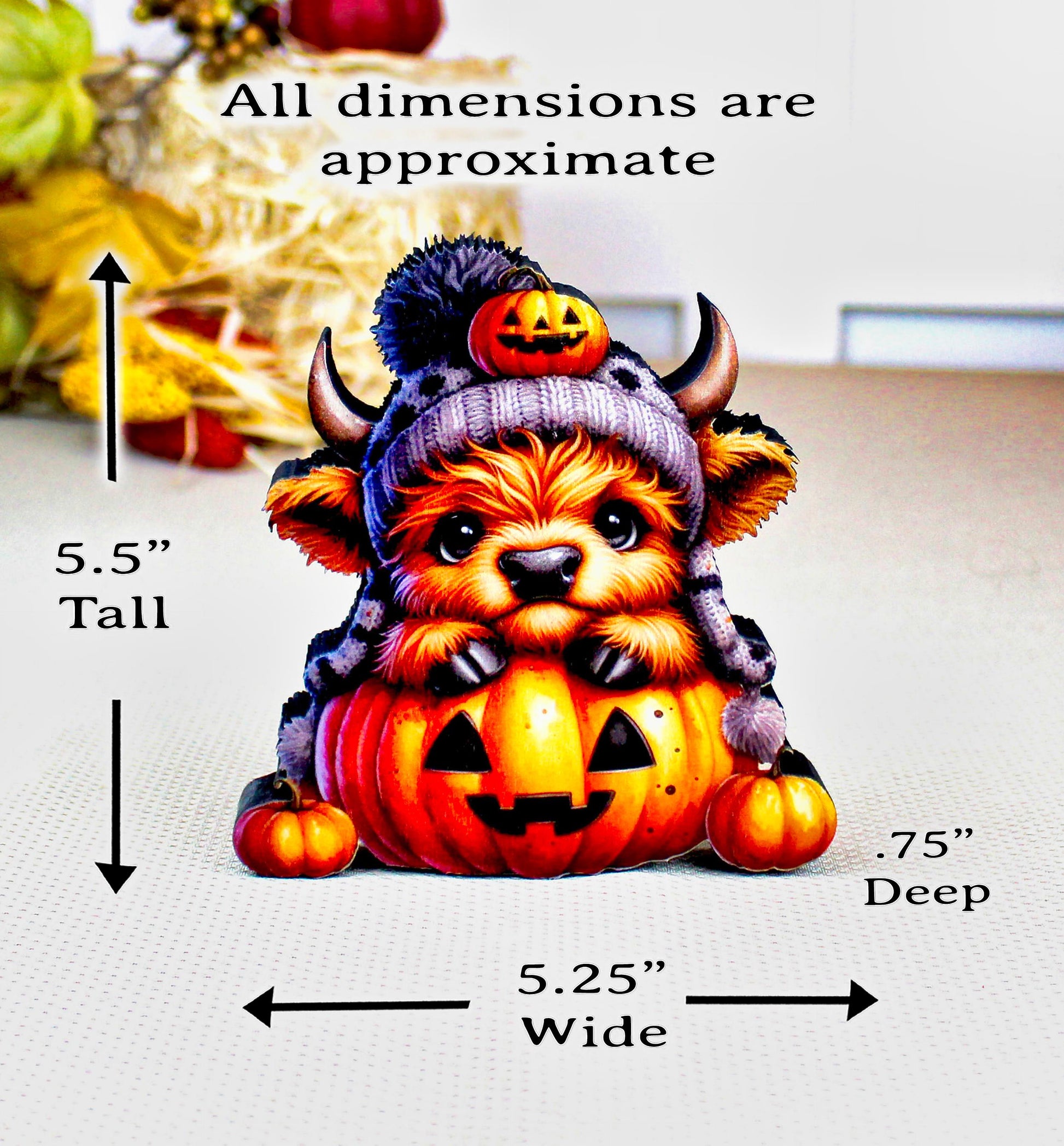 Halloween Highland Cow Shelf Sitter – Baby Cow with Pumpkins, Cute meets spooky, Décor Accent for Tiered Trays, Mantels & Shelves