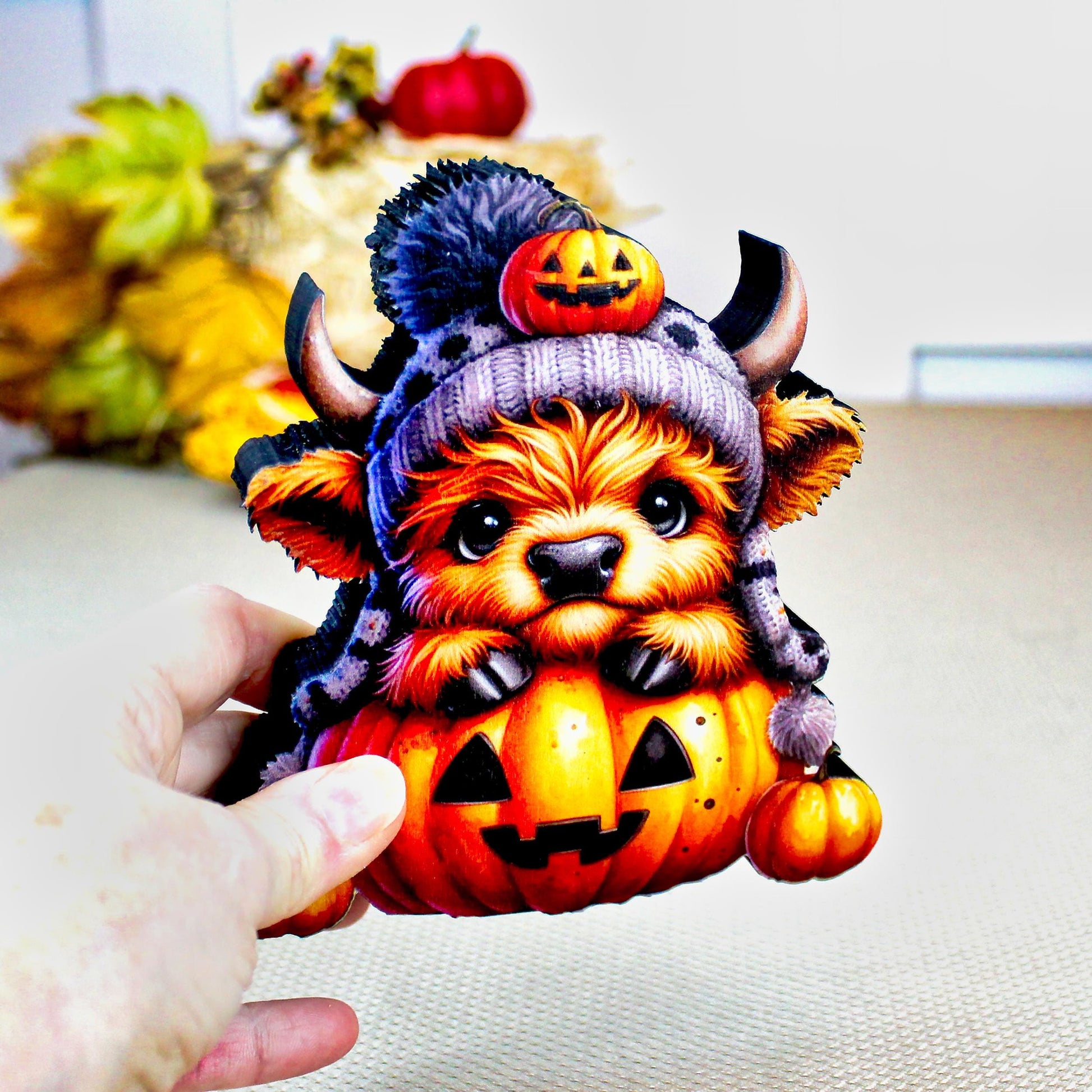 Halloween Highland Cow Shelf Sitter – Baby Cow with Pumpkins, Cute meets spooky, Décor Accent for Tiered Trays, Mantels & Shelves