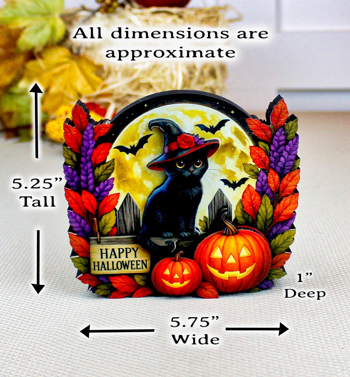 Black Witch Cat Halloween Shelf Sitter – Multi-Layer Wooden Scene with Pumpkins, Moon & Bats. A Little Moonlit Magic With A Spooky Glow