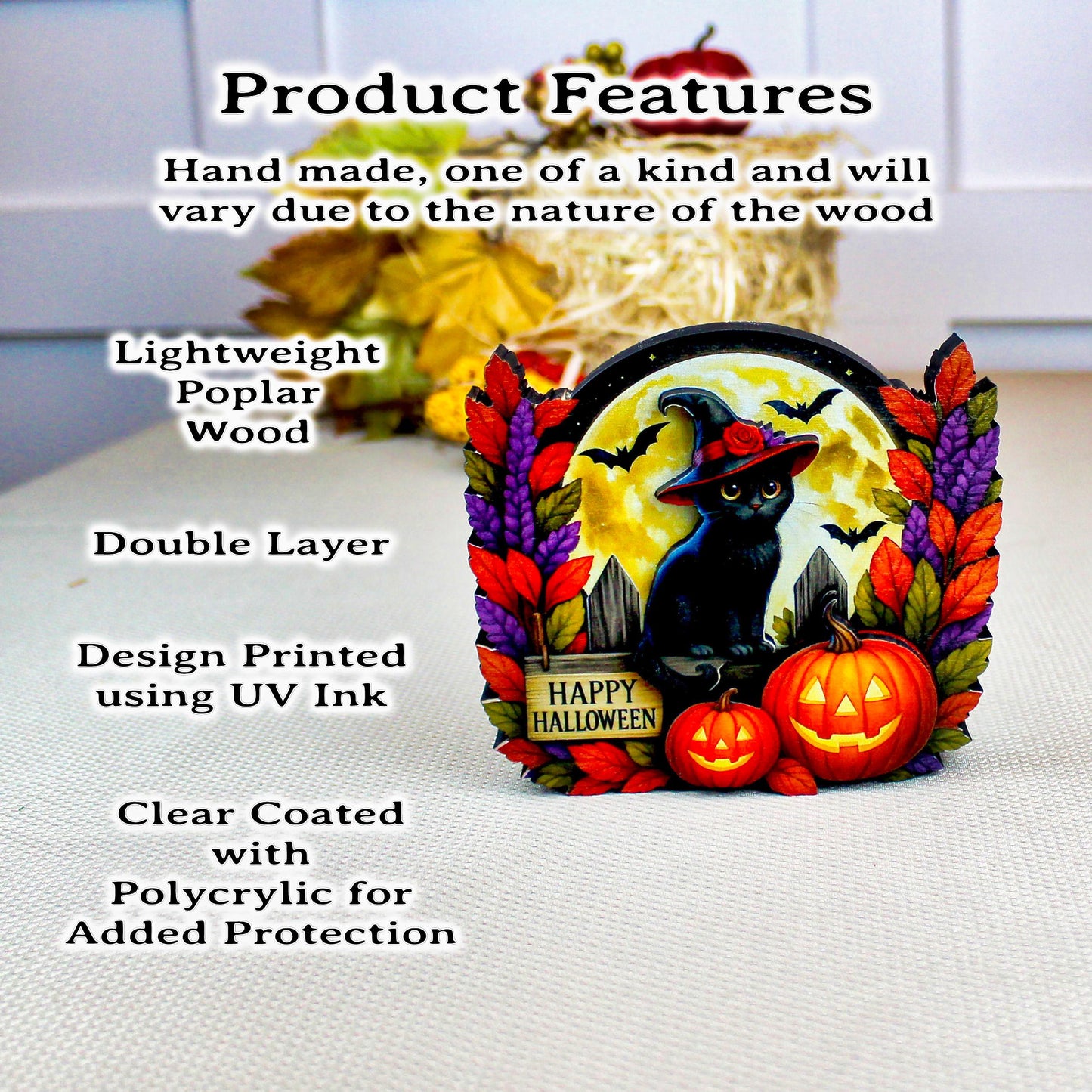 Black Witch Cat Halloween Shelf Sitter – Multi-Layer Wooden Scene with Pumpkins, Moon & Bats. A Little Moonlit Magic With A Spooky Glow