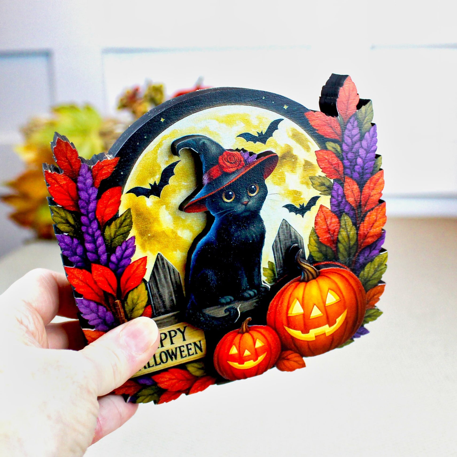 Black Witch Cat Halloween Shelf Sitter – Multi-Layer Wooden Scene with Pumpkins, Moon & Bats. A Little Moonlit Magic With A Spooky Glow