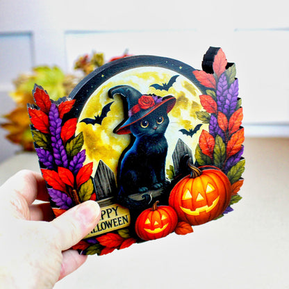 Black Witch Cat Halloween Shelf Sitter – Multi-Layer Wooden Scene with Pumpkins, Moon & Bats. A Little Moonlit Magic With A Spooky Glow