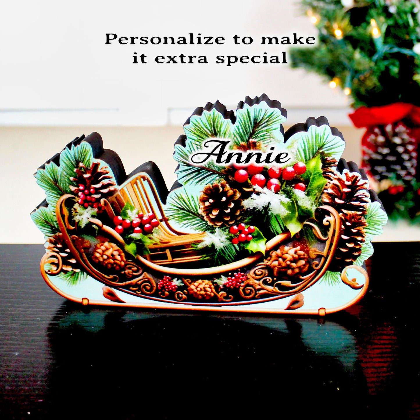 Christmas Sleigh Shelf Sitter – Personalized Wooden Mantel Decor with Pinecones & Berries