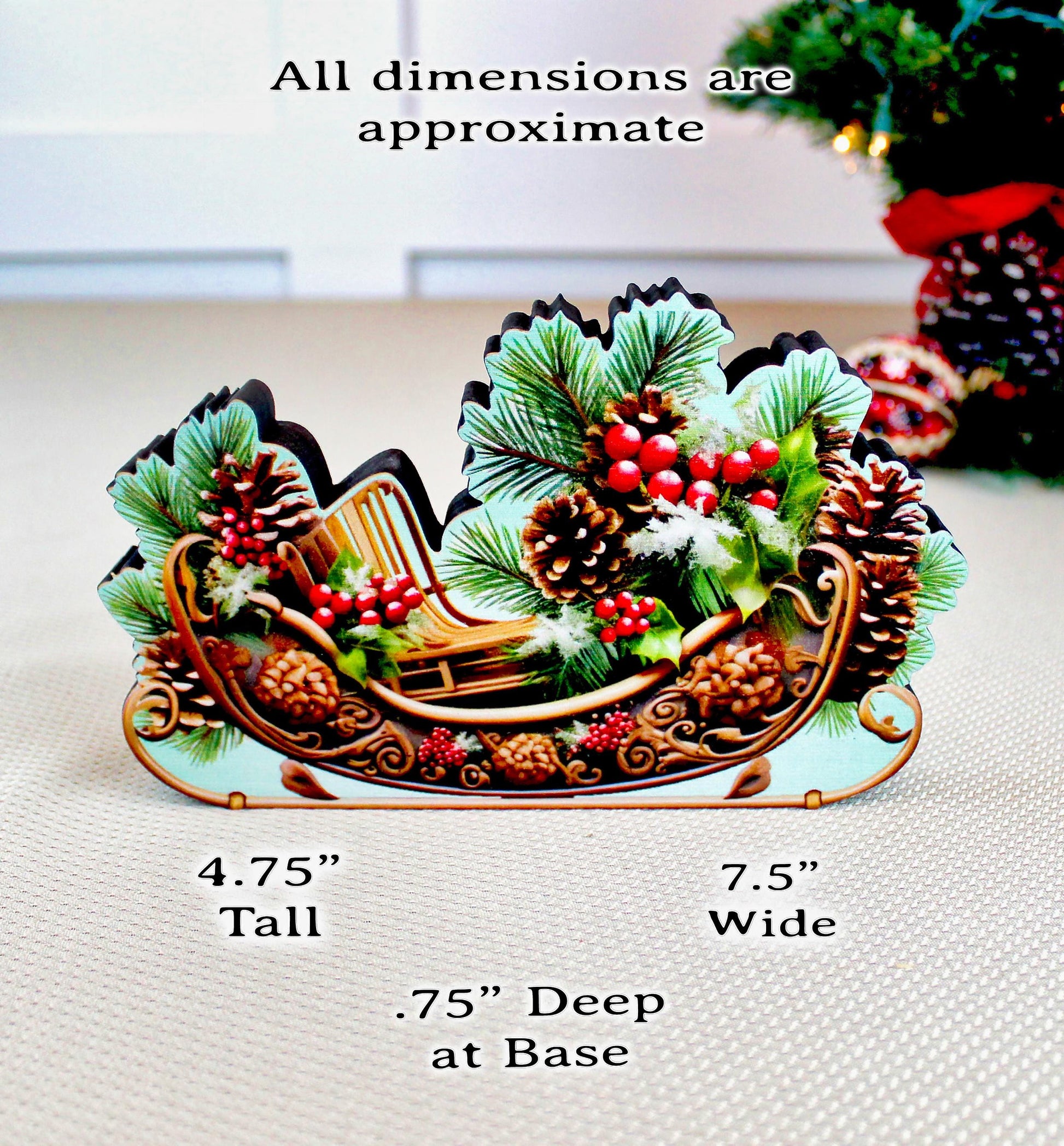 Christmas Sleigh Shelf Sitter – Personalized Wooden Mantel Decor with Pinecones & Berries