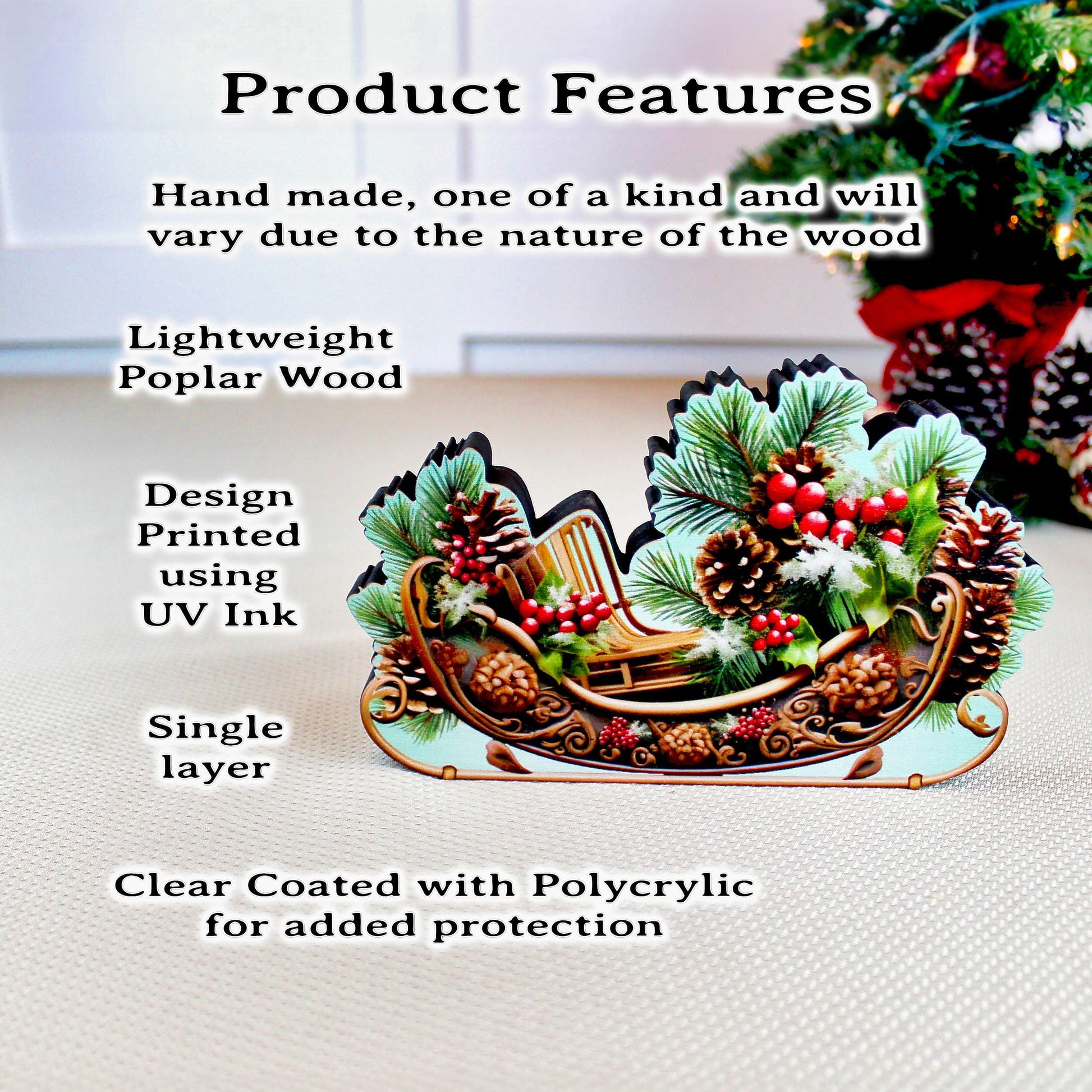 Christmas Sleigh Shelf Sitter – Personalized Wooden Mantel Decor with Pinecones & Berries