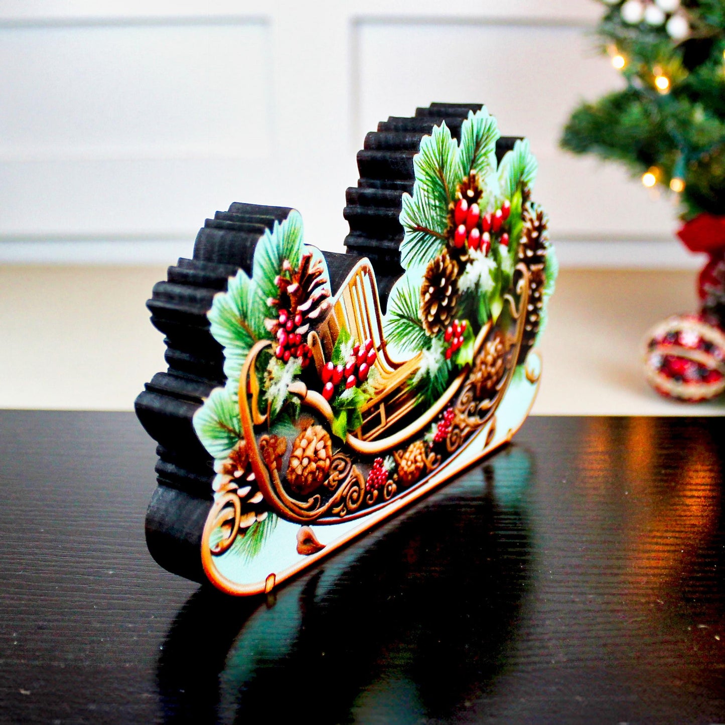 Christmas Sleigh Shelf Sitter – Personalized Wooden Mantel Decor with Pinecones & Berries