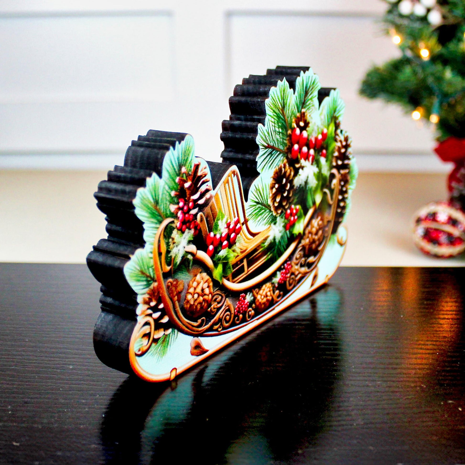 Christmas Sleigh Shelf Sitter – Personalized Wooden Mantel Decor with Pinecones & Berries