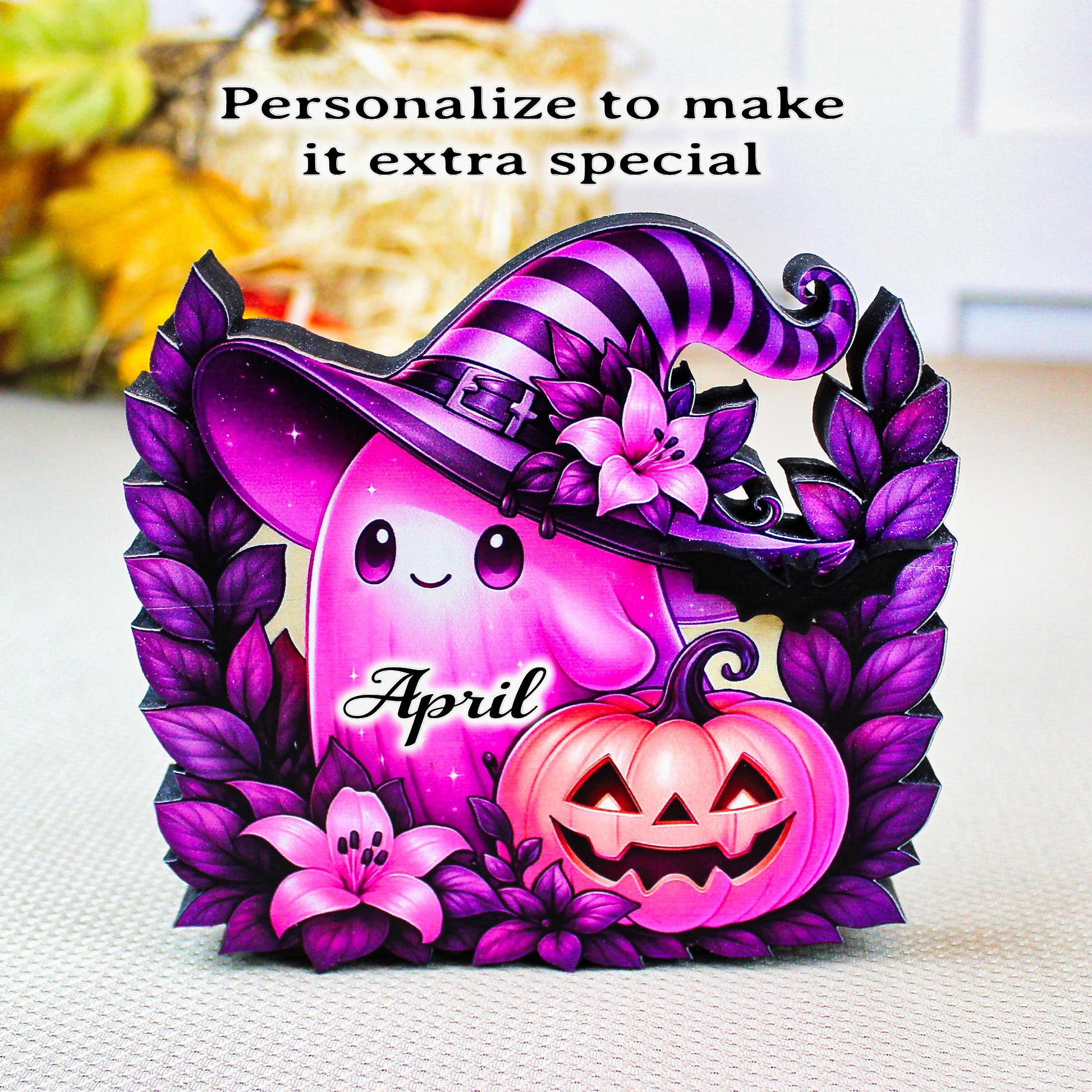 Pink Ghost Halloween Shelf Sitter – Multi-Layer Wooden Scene with Pumpkins and Flowers. Rustic Accent for Tiered Trays, Mantels & Shelves