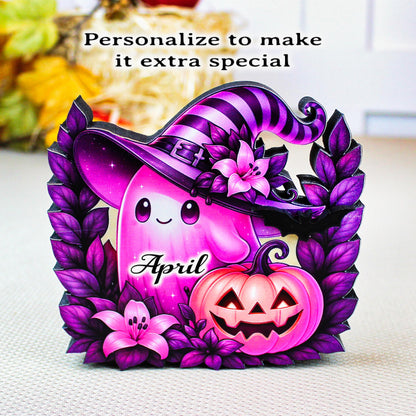 Pink Ghost Halloween Shelf Sitter – Multi-Layer Wooden Scene with Pumpkins and Flowers. Rustic Accent for Tiered Trays, Mantels & Shelves