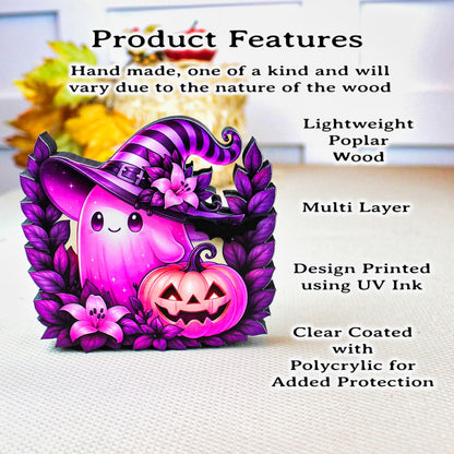 Pink Ghost Halloween Shelf Sitter – Multi-Layer Wooden Scene with Pumpkins and Flowers. Rustic Accent for Tiered Trays, Mantels & Shelves