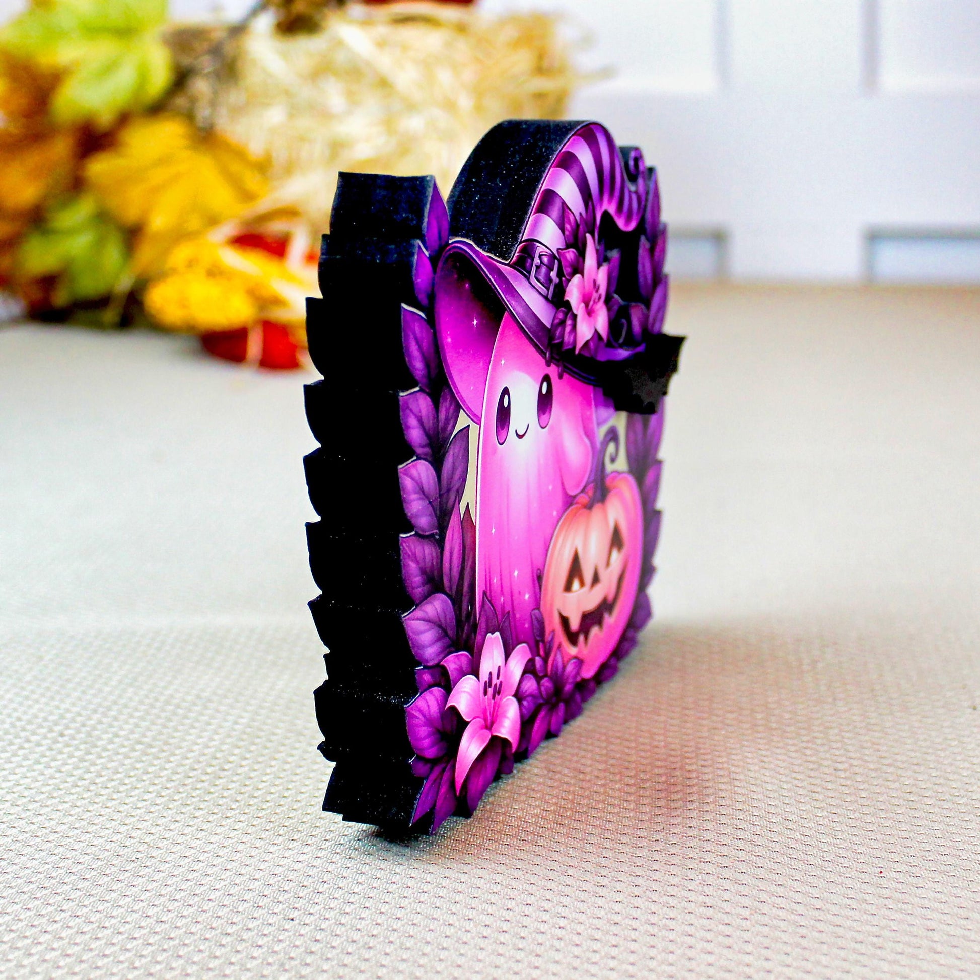 Pink Ghost Halloween Shelf Sitter – Multi-Layer Wooden Scene with Pumpkins and Flowers. Rustic Accent for Tiered Trays, Mantels & Shelves