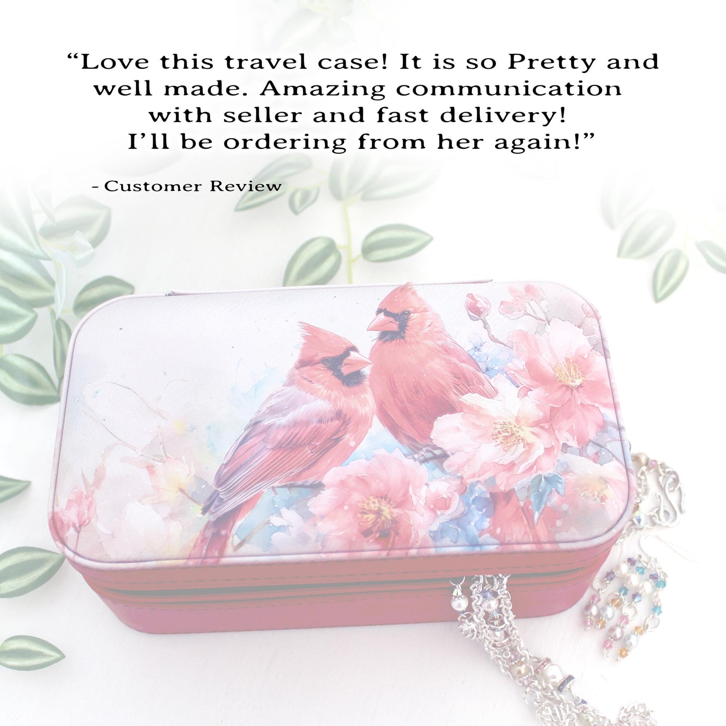 Personalize Leather Jewelry Travel Case, Custom Jewelry Organizer, Large Faux Leather Jewelry Travel Case, Large Cardinal Travel Jewelry Box