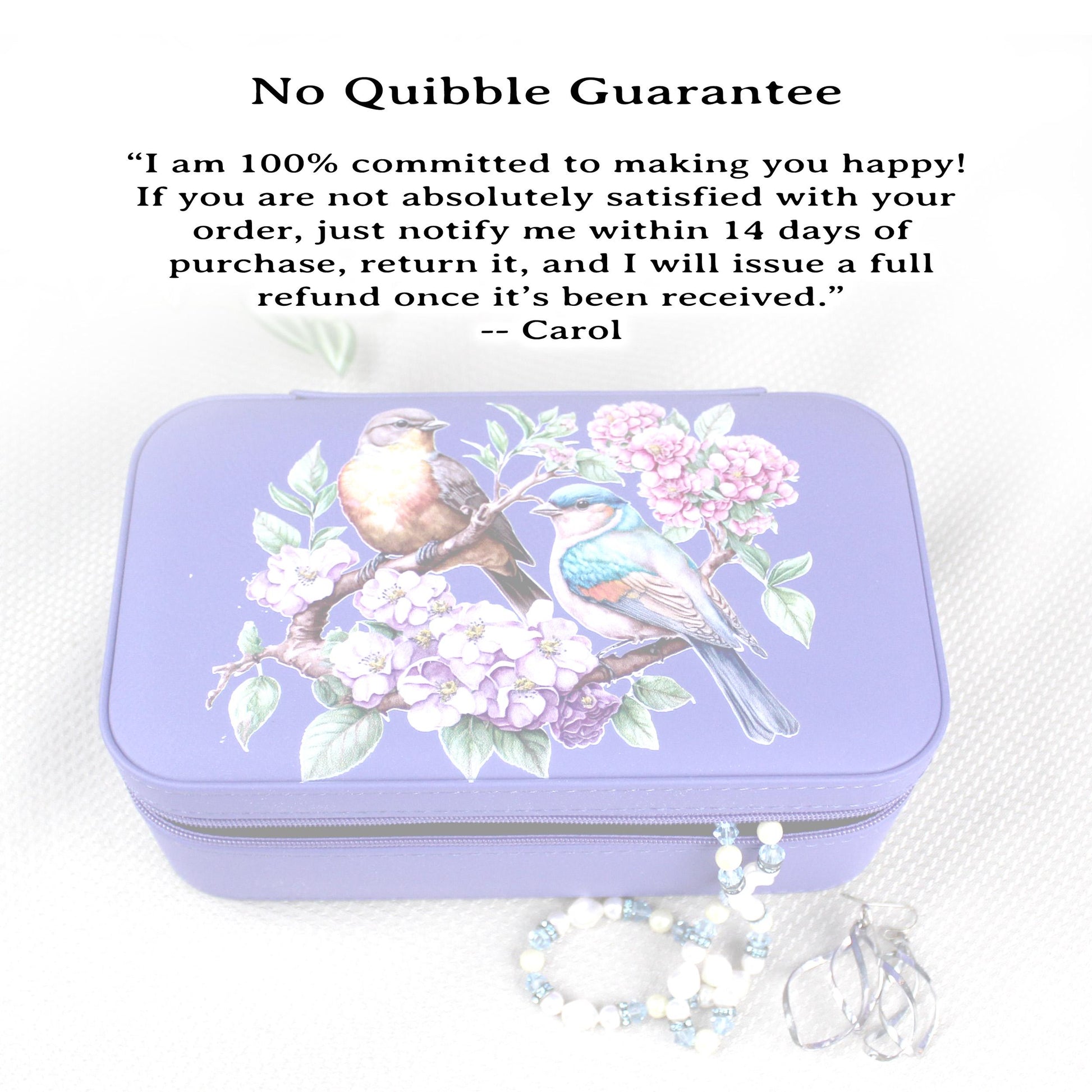 Spring Birds and Flowers Travel Jewelry Case – Floral Faux Leather Zip Organizer with Mirror, Personalized Name