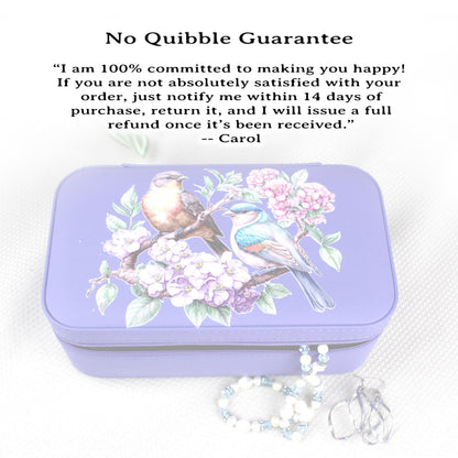 Spring Birds and Flowers Travel Jewelry Case – Floral Faux Leather Zip Organizer with Mirror, Personalized Name