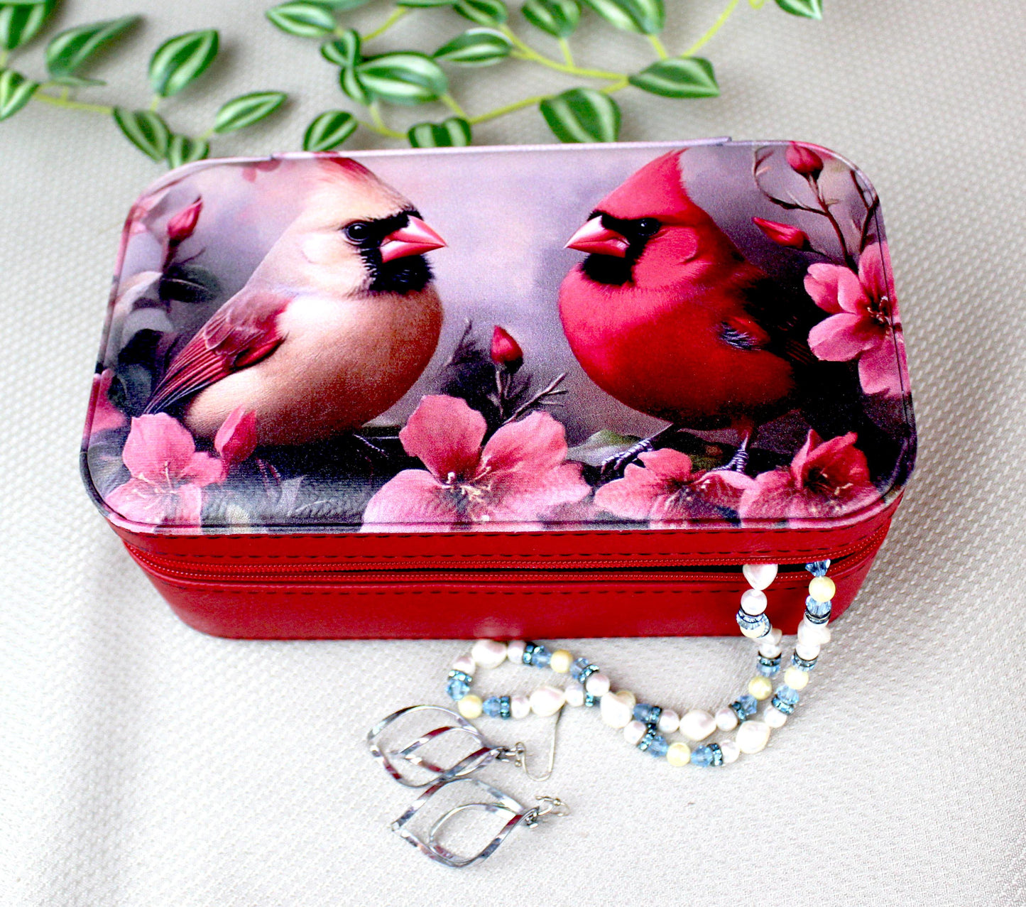 Pair of Cardinals Travel Jewelry Case – Faux Leather Zip Organizer with Mirror, Personalized Name